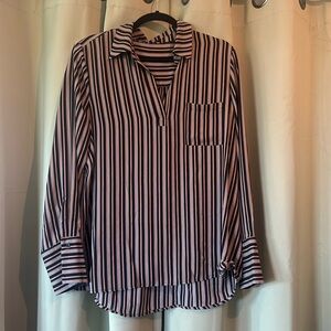 Pleione Shirt Blouse Size L Womans Black White Gold Striped Long Sleeve Collared